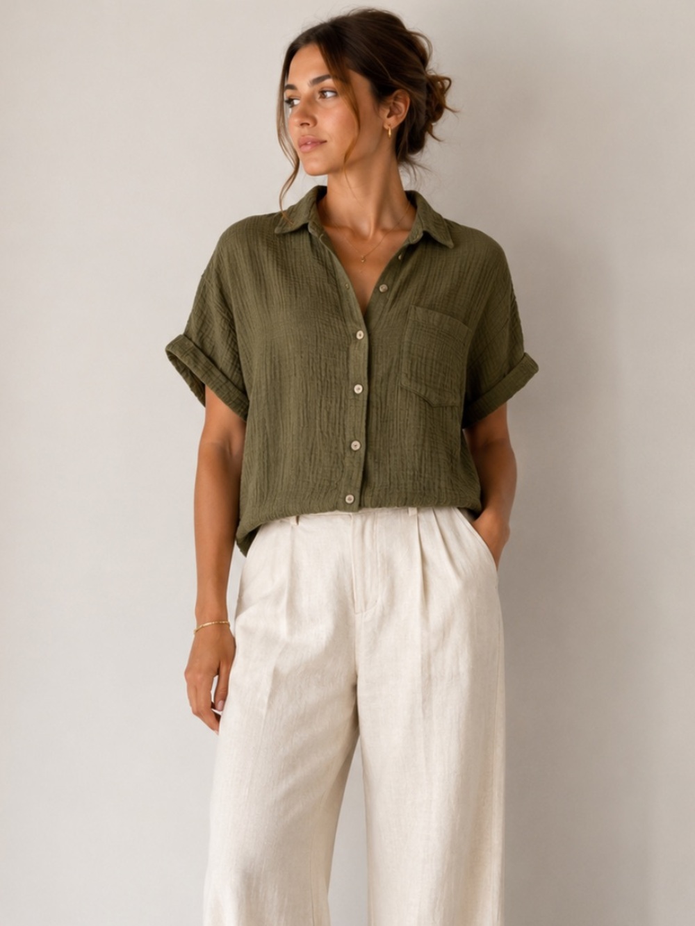 WILT Olive Green Textured Double Gauze Cotton Button Up Shirt Large